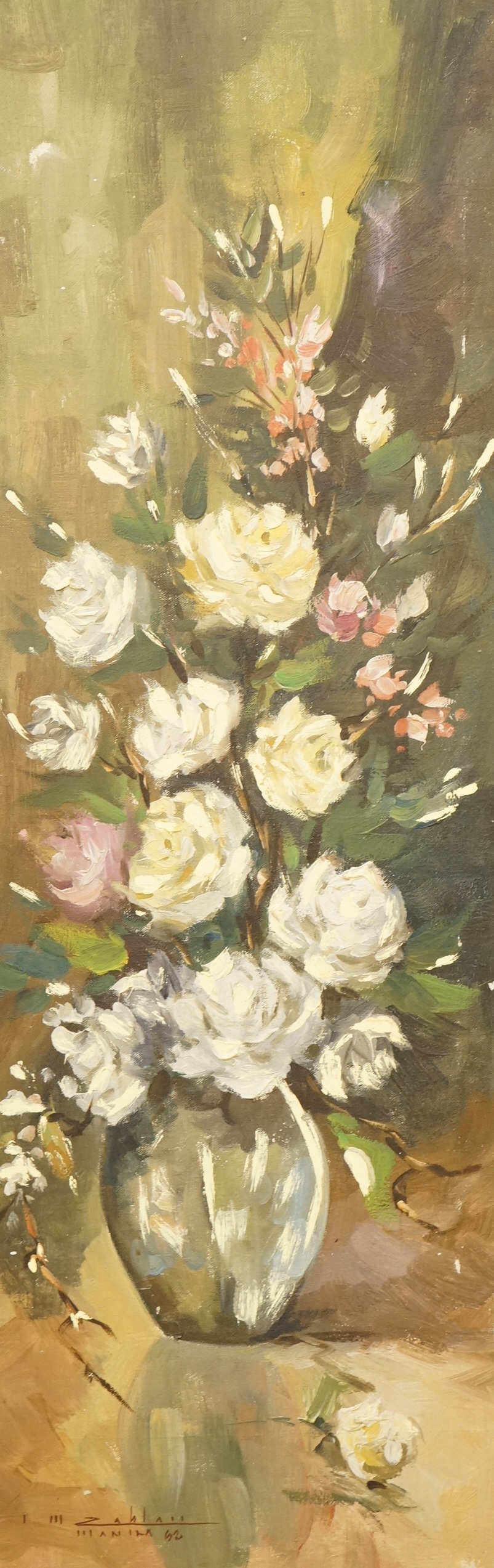 Enrico Zablan (1937–), Still life of flowers in a vase, indistinctly signed and inscribed Manila, oil on canvas, 88 x 29cm